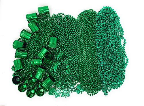 Bulk Pack of 72 St. Patrick's Day Colorful Shamrock Beads Necklace ASSORTMENT, Shamrock and Green Beads 33" Long 7mm Thick, Great for Party Favor Necklaces, Costume Accessory Supplies, By 4E's Novelty