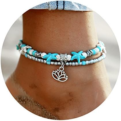 FineMe Starfish Turtle Anklets Multiple Layered Boho Gold Chain Anklet Heart Beach Rhinestones Turquoise Stone Charm Anklet