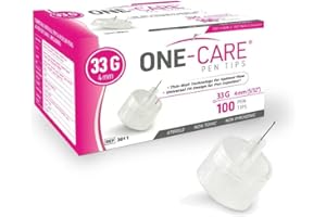 ONE-CARE Pen Tips 33G x 4mm (5/32''), Box of 100, Universal Fit and Twist-On Design