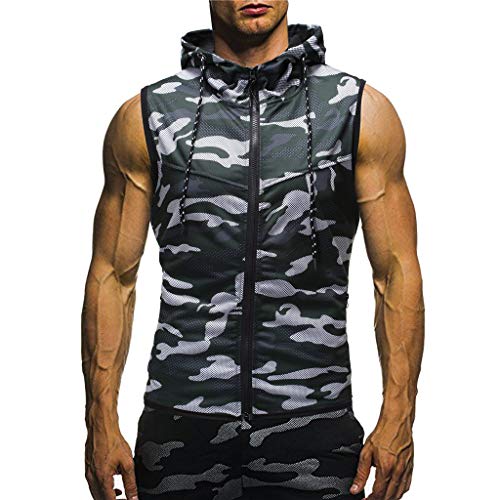 Mens Sleeveless Hoodie Gym Tank Tops Camouflage Print Slim Fit Bodybuilding Zipper Vest Blouse (XXXL, Green)