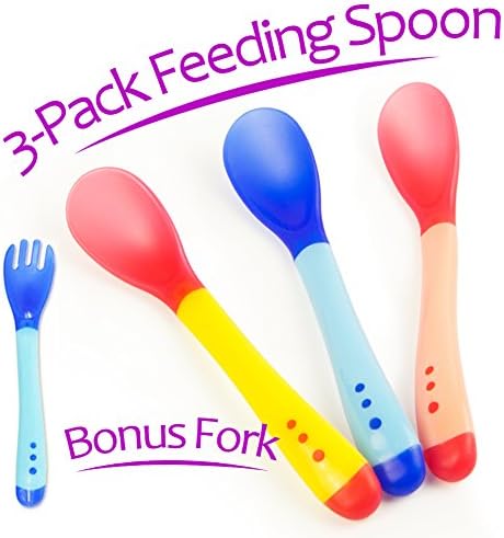 Baby Spoons with Bonus Fork Heat Sensitive Color Change Feeding Spoons, 3 Spoons + 1 Bonus Fork
