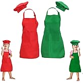 multifuns 2 Sets Green&Red Kids Apron and Chef Hat Set-Childrens Kids Apron for Girls Boys Cooking Painting Baking Wear 5-12 Ages.