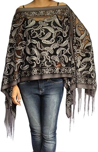 Embroidery Paisley embroidery scarf poncho caftan with fringe Gray color