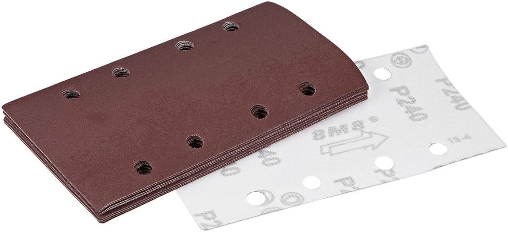 TOP-VIGOR 10Pcs Sanding Sheets 240 Grit, 95 x 185 mm Rectangular Sandpaper Hook and Loop 8 Holes Sander Pads for Electric Sander