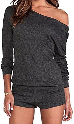 CZGBT Women's One Off Shoulder Long Sleeve Sexy Jumpsuit Casual Short Rompers (L, Gray)