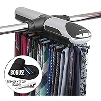 StorageMaid Motorized Tie Rack Organizer for Closet with LED Lights - Battery Operated - Holds 72 Ties and 8 Belts - Includes J Hooks for Wire Shelving - Bonus Tie Travel Pouch & Tie Clip