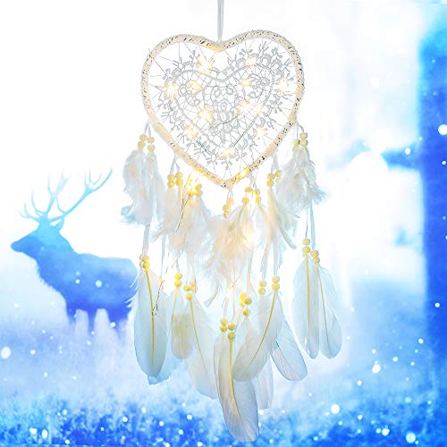 Tree Bud LED Dream Catcher, Handmade Dreamcatcher Feather Indian Wall Hanging Decoration, Ornament for Warm Homes and Kids Room Teepee Tents Décor (White-Love)