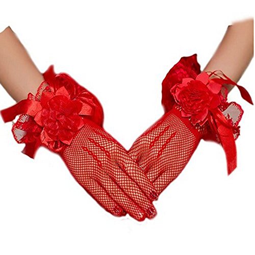 Women Bridal Elastic Lace Bowknot Wrist Gloves for Wedding Evening Party (#Red)