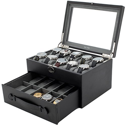 20 Watch Box Storage Case Black Leather With Glass Window Lock (Black)