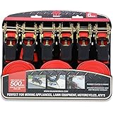 Mann Ratchet Tie Downs Straps 6-Pack with S-hooks 1-Inch x 15-Feet 500 Lbs Load Cap - 1500 Lb Break Strength (Red)