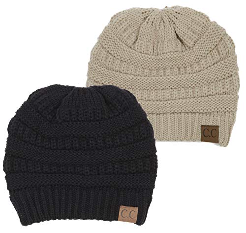 H-6020a-2-0660 Solid Ribbed Beanie Bundle - 1 Black, 1 Beige (2 Pack)