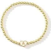 SHINUS BOHO Gold 14K Heart Beaded Charm Initial Bracelets for Women,Enewton Cute Handmade Stretch Beads Ball Trendy Jewelry Summer Prom Holiday Gifts