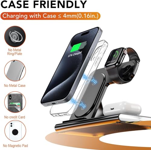 Aimtel 3 in 1 Foldable Charging Station for iPhone17/17Air/16/15/14XS/XR/X/8, Wireless Charger Stand Travel Compatible with Apple Watch Series 11/10/9/8/7/6/Ultra 2/3/SE3,for Air Pods Pro/4/3/2