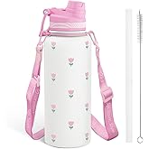 Tulip Stainless Steel Water Bottle with Strap 32oz, Insulated Bottles with Straw and Spout Lid for Gym Sports Travel Outdoor, Gifts for Women Girls Birthday Christmas