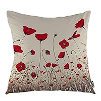 oFloral Poppy Flower Throw Pillow Covers Spring Garden Plant Red Blossom Flowers Decorative Square Pillow Case 18"X18" Pillowcase Home Decor for for Sofa Bedroom Livingroom