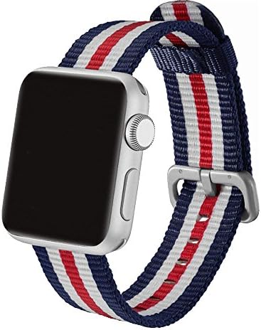 Woven Nylon Fabric Wrist Strap Replacement Band with Classic Square Stainless Steel Buckle for Apple Watch iWatch Series 1/2 / 3/4,Sport & Edition,(Blue&Red&White, 38mm 40mm)