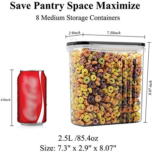 Wildone 8 x 2.5L Airtight Cereal Dry Food Containers for Sugar, Flour etc Black Leak Proof Lids
