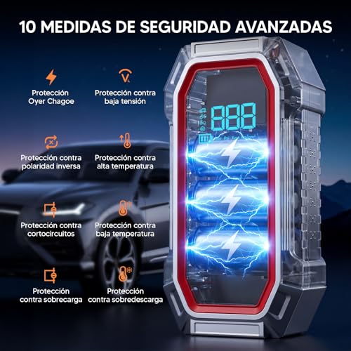 5000A Arrancador de Coche con Compresor de Aire 160 PSI, Inflador de Neumáticos, Banco de Energía para Vehículos de 12V Gasolina 9L Diésel 8L, Incluye Pantalla LCD, Luz LED y Cables de Puente, plata