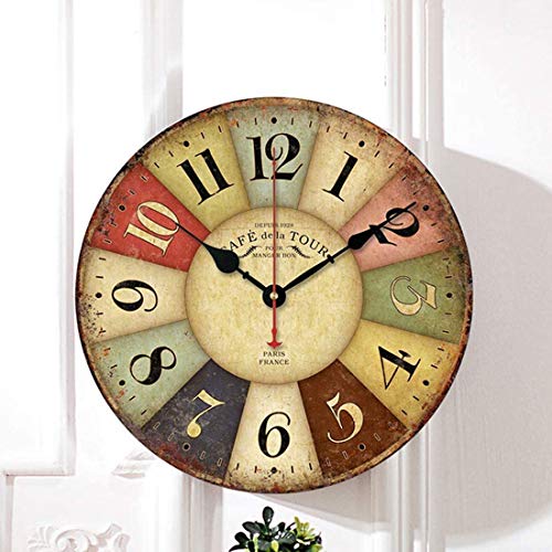 Qukueoy 30cm Thick Wood Kitchen Wall Clock Retro Farmhouse Clocks for Living Room Decor Bedroom Restaurant,Silent Battery Operated,Colorful Tuscan Country Style