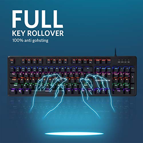 ABKONCORE 100% Mechanical Hot Swappable Gaming Keyboard K595, Full Key Rollover Wired USB Rainbow LED Backlit, 104 Keys Splash-Proof GTMX Blue Switches for Gaming, Work, Home, Office, PC, Mac, Windows