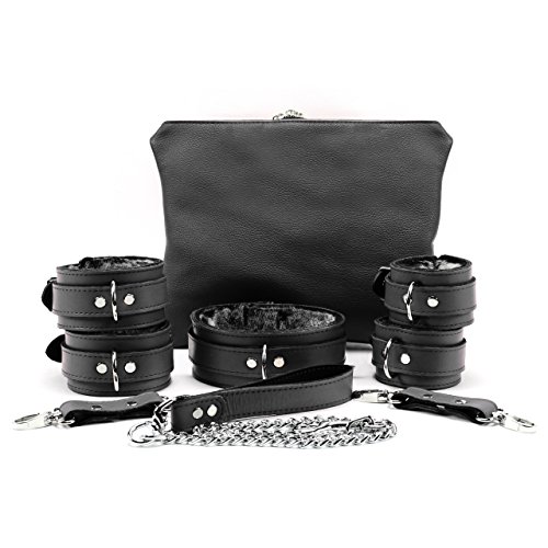 Boyd Set Ankle Wrist Cuffs Collar Chain Leash Handcrafted Full Grain Leather (Black, Small)