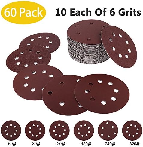FineWish 60PCS 5 Inch Sanding Discs Sandpaper Assorted 60 80 120 180 240 320 Grits For Power Random Orbit Sanders (60PCS Sanding Discs Sandpaper)