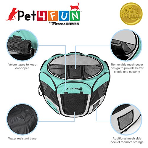 PicassoTiles PET4FUN PN935/PN945 Portable Pet Puppy Dog Cat Playpen Crates Kennel w/Water Resistant 600D Oxford, 210D Nylon, Carrying Bag, Collapsible Bowl, Removable Mesh Cover 2 Sizes - Thumbnail 3