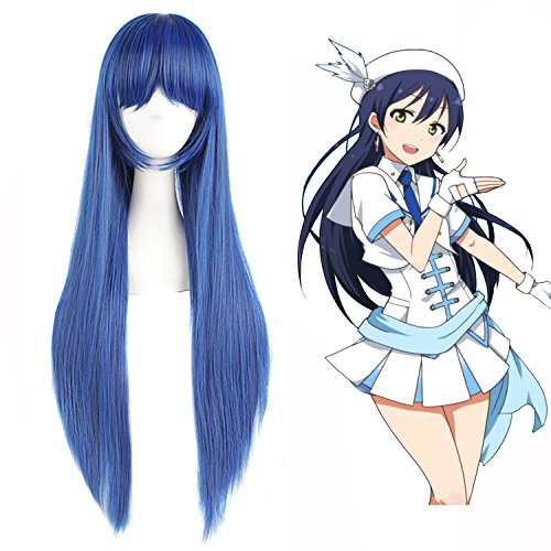 MapofBeauty 32" 80cm Long Straight Anime Costume Cosplay Wig Party Wig (Dark Blue/ Black)