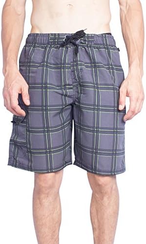 NBN Mens Boardshorts Plaid Print Elastic Waist Swim Trunk Short (Medium,Grey)