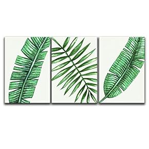 3 Panel Canvas Wall Art - Watercolor Style Green Tropical Leaves - Giclee Print Gallery Wrap Modern Home Art Ready to Hang - 16"x24" x 3 Panels