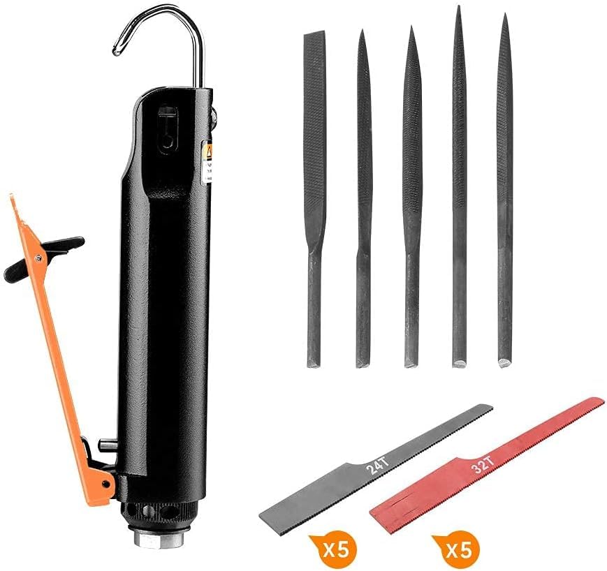 WorkPad Multifunctional Pneumatic File Air Body Saw File Zinc Alloy Pneumatic Grinding Tool with 5-piece file set and 5-piece 24T, 5-piece 32T.