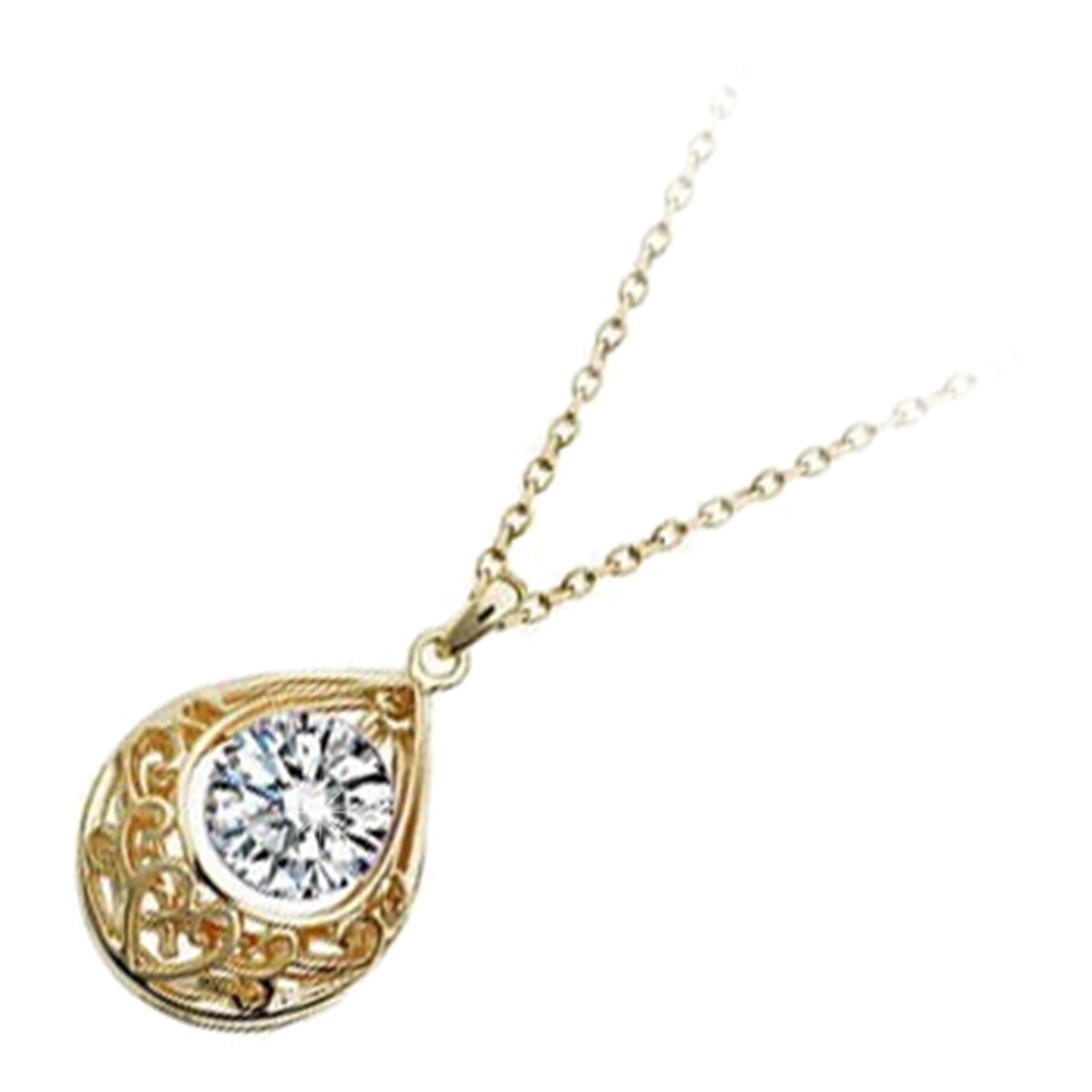 GWG Jewellery 18K Gold Coated Round Diamond Clear Stone Within Teardrop Vintage Filigree Pendant Necklace in Gift Box for Women