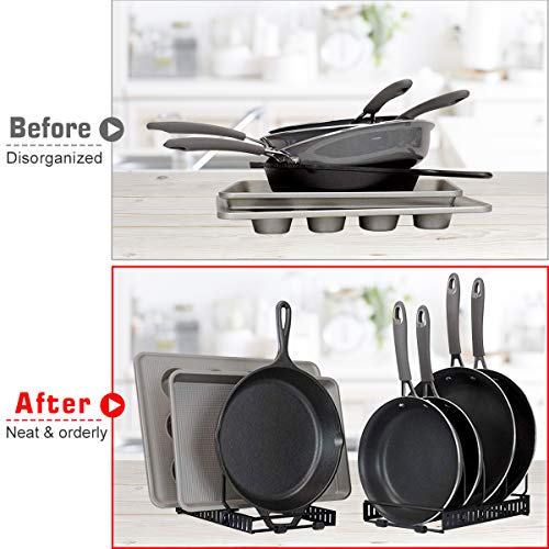 Expandable Pan Rack Organizer, G-TING 7+ Adjustable Pot Lid Holders & Bakeware Rack, Kitchen Cookware Pantry Cabinet Storage Rack with 7 Expandable and Adjustable Compartments (Up to 23")