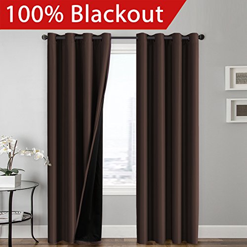 FlamingoP Full Blackout Brown Curtains Faux Silk Satin with Black Liner Thermal Insulated Window Treatment Panels, Grommet Top (52 x 96 Inch, Set of 2)