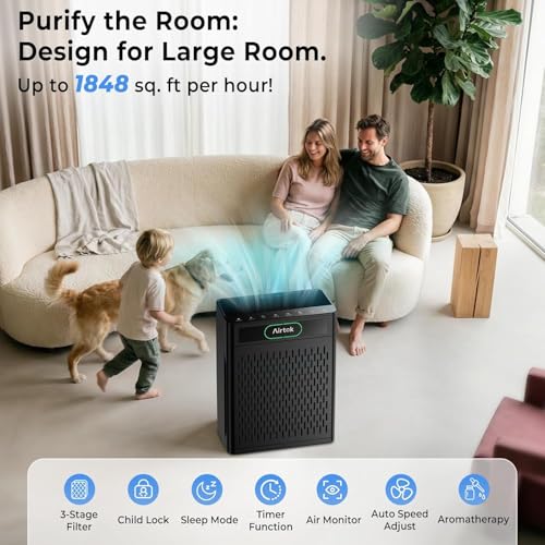 AIRTOK Home Air Purifier 170m² HEPA Filter Removes 99.97% Allergens Smoke Dust Pet Pollen Odor with Air Quality Monitoring PM 2.5 Aromatherapy Washable Filter