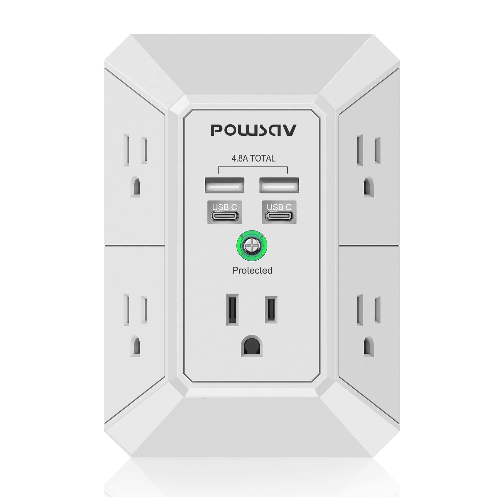 USB Wall Charger, POWSAV Surge Protector 5 Outlet Extender with 4 USB Ports (1 USB C Outlet) 3 Sided 1680J Power Strip Multi Plug Outlets Wall Adapter Spaced, ETL Listed