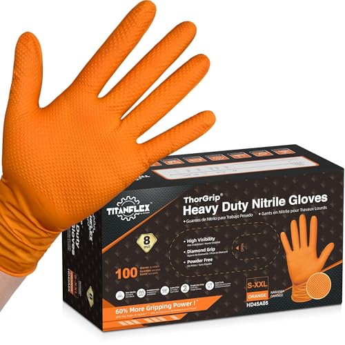 TitanFlex Thor Grip Heavy Duty Industrial Orange Nitrile Gloves with Raised Diamond Texture, 8-mil, Latex Free, Powder Free
