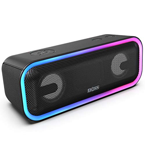 DOSS SoundBox Pro+ Wireless Bluetooth Speaker with 24W Impressive Sound, Booming Bass, Wireless Stereo Paring, Mixed Colors Lights, IPX5 Waterproof, 15 Hrs Battery Life, 66 ft Bluetooth Range – Black