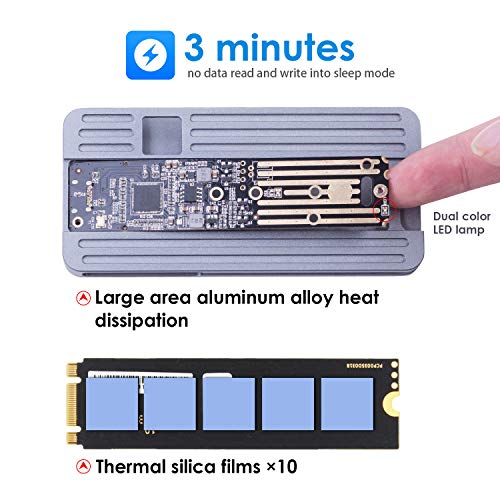 NVMe Enclosure, Aluminum M.2 NVMe to USB 3.1 Type C Gen 2 External M Key PCIe Enclosure Box Case with SSD Reader Adapter and Two Cables Support 2230 2242 2260 2280 (Grey+Blue)
