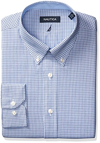 Nautica Men's Microgingham Buttondown Collar Dress Shirt, Light Blue/Navy, 16.5