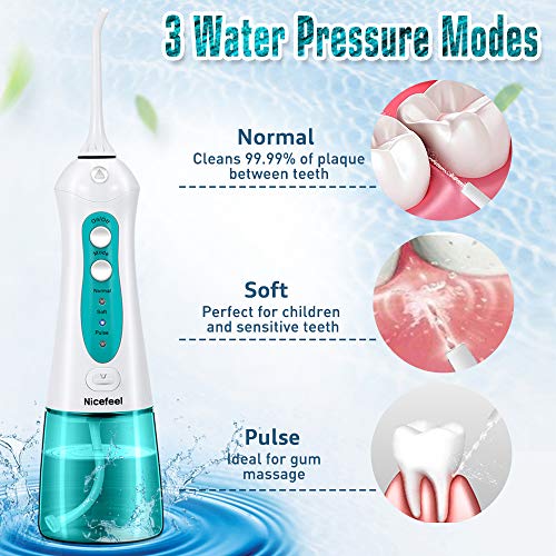 [2019] Best Cordless Water Flosser, Nicefeel 300ML Portable USB Rechargeable Dental Water Flosser Teeth Cleaner, IPX7 Waterproof 3 Modes Oral Irrigator with 4 tips for Home, Travel - Thumbnail 2