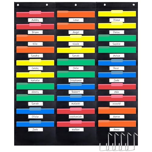 Opret 30 Pockets Storage Pocket Chart with 30 Nametag Pockets, Hanging Wall File Organizer for File Folders with 5 Hangers for Classroom, Office, School Mailbox Organizer and Home (Black)