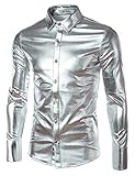 JOGAL Mens Trend Nightclub Styles Metallic Silver Button Down Shirts XXX-Large Silver
