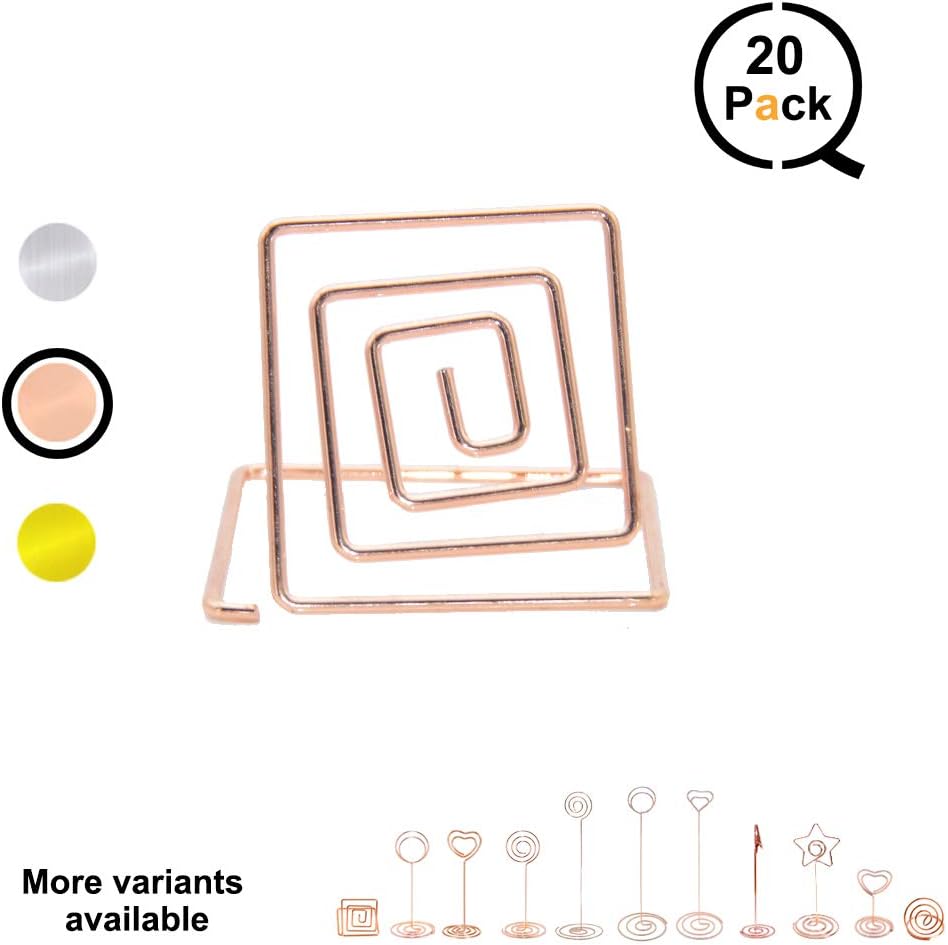 QLLY Wire Shape Place Card Holder Stands, Table Name Number Holders, Paper Menu Picture Memo Note Photo Clip Holder Food Signs for Weddings, Dinner, Parties(20 Pack) (Rose Gold)