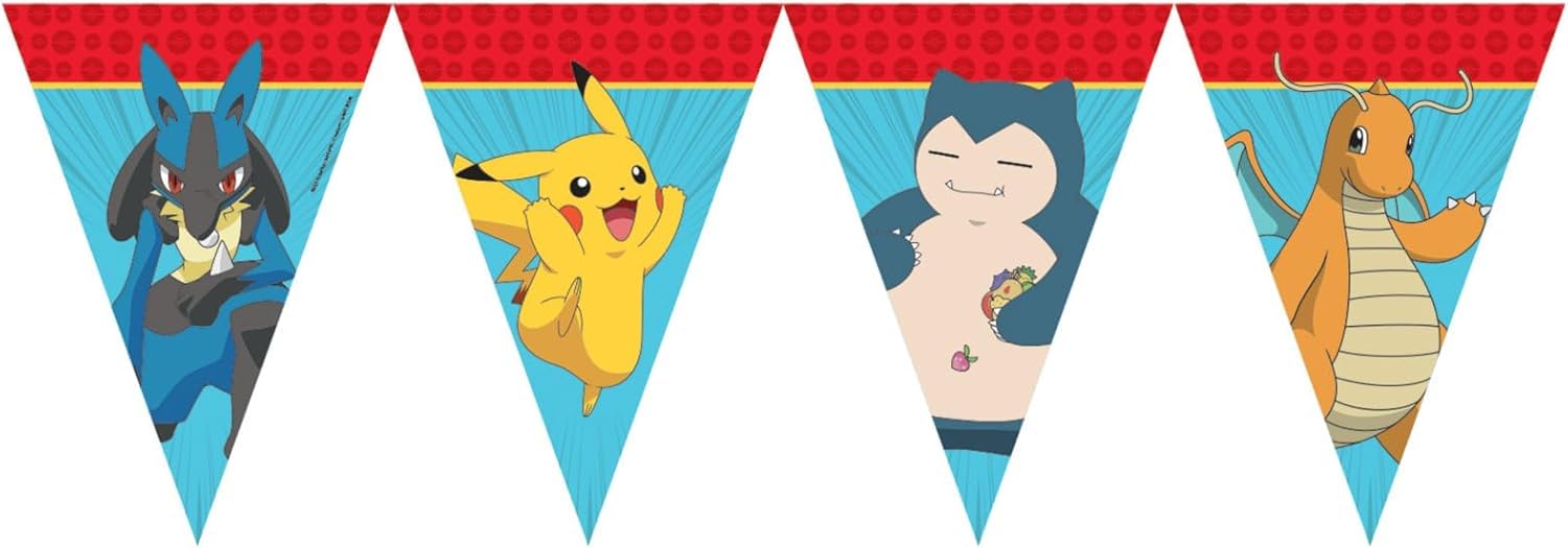 2.3 m Pokemon Bunting as Decoration for Children's Birthday Parties with Attachment Cord, 20 x 30 cm, Made of Paper Garland Flag Banner Children's Birthday Pikachu