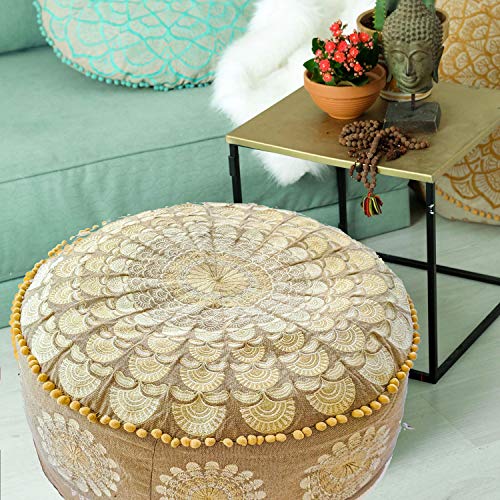 Mandala Life ART Bohemian Yoga Decor Pouf Ottoman - 24x8 inches - Stuffed with Premium Filler - Round Beige Meditation Pillow - Embroidery Organic Cotton Floor Cushion - Thumbnail 5