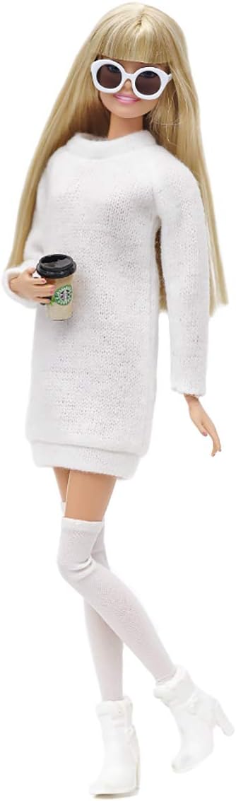 Elenpriv FA-005 Sweater-Dress + Stockings Ivory Color Full Outfit for Barbie Pivotal, Made-to-Move Dolls