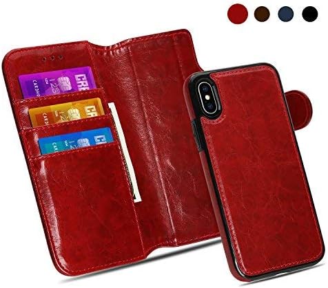 iPhone X Leather Flip/Folio Wallet Case with Magnetic Detachable Slim Case 3 Credit Card Holder/Slot 2 Way Kick-stand/Desk Stand Antishock/Strong Adsorption to Magnetic Car Mount-Wine Red by Weforever