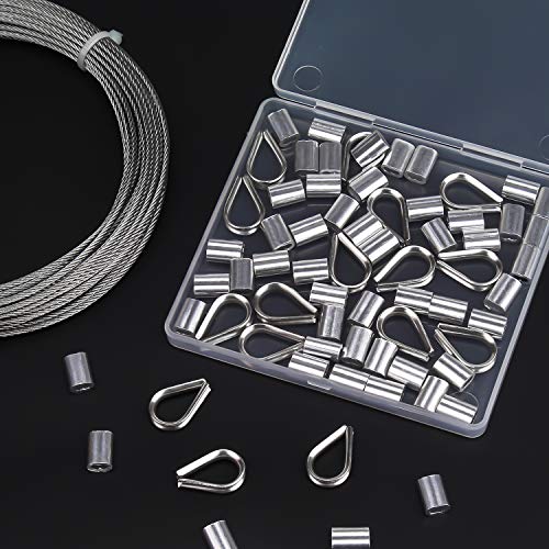 Favordrory Cable Railing Kits Includes 1/16 Inch x 33 Feet 304 Stainless Steel Wire Rope Cable, 50 Pieces Aluminum Crimping Sleeves and 12 Pieces Thimble for Railing, Decking, Picture Hanging
