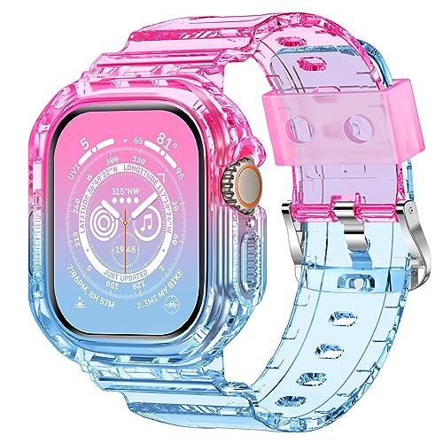 XYF Compatible for Crystal Clear Apple Watch Ultra 2 Bands, 49mm Bumper Case Men Women Jelly Cover Strap for iWatch Ultra 2/1 Series 9 8 7 SE 6 5 4 3 2 1 (PinkBlue, 49)